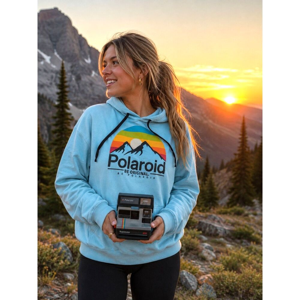 Polaroid Be Original Graphic Hoodie Aqua Pullover Sweatshirt XXXL